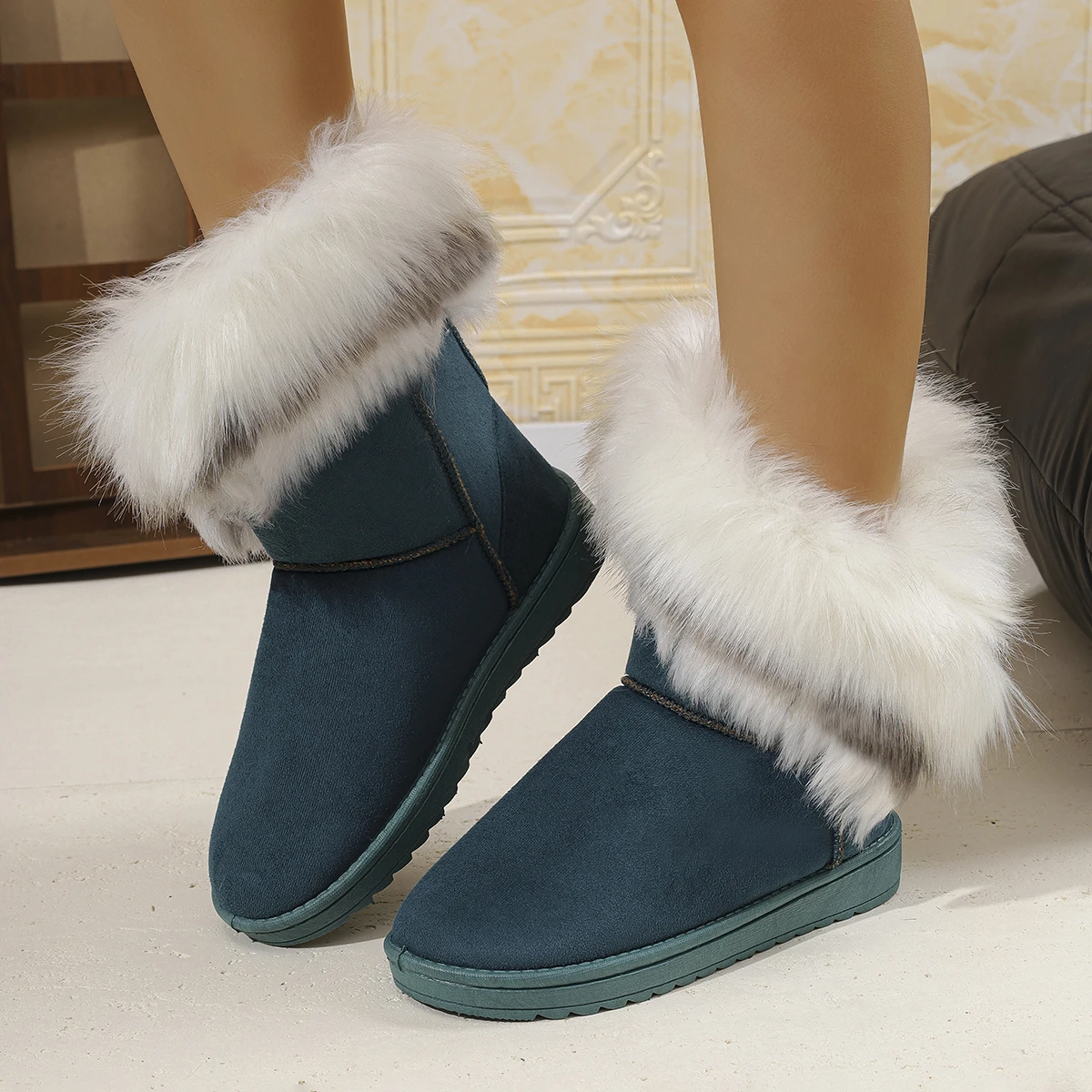 Damen-Winterstiefel bis zum Knie, mit Fell gefüttert, Baumwollschuhe, Freizeit-Flachschuhe, runde Zehen, Gummisohle, einfarbig – Detail 5