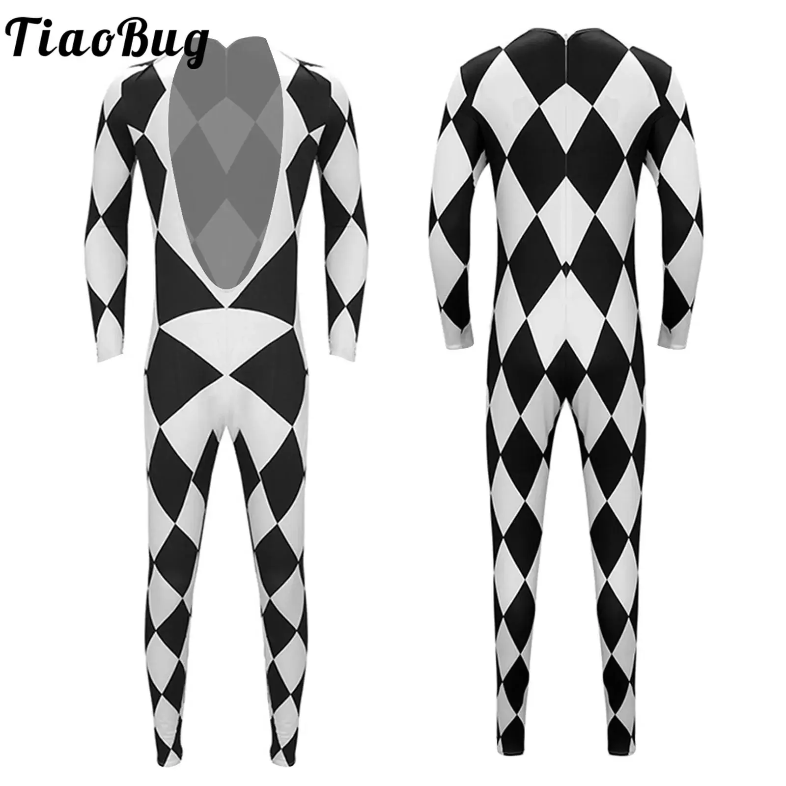 

Men Halloween Harlequin Singer Cosplay Jumpsuit Black White Checked Pattern Deep V Neck Long Sleeve One-piece Party Rompers