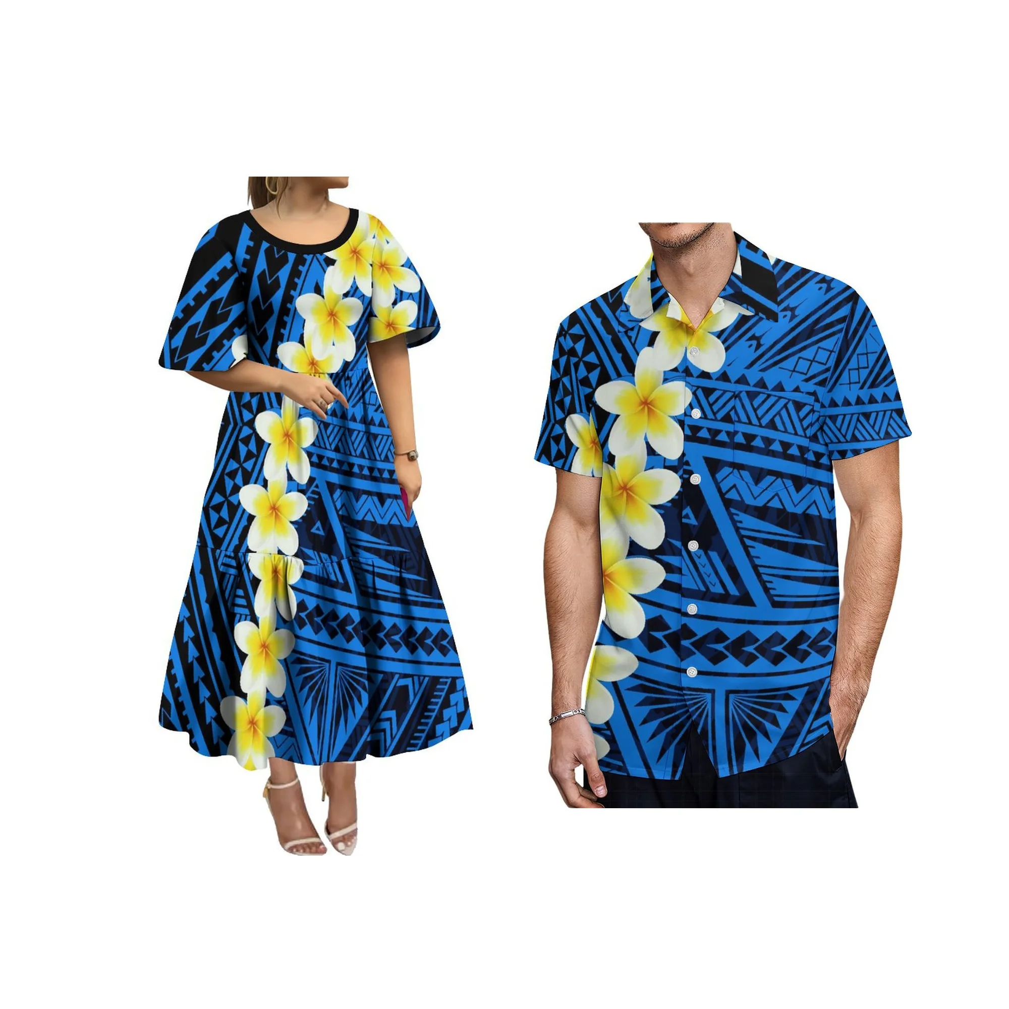 Plus Size Samoan Tribal Print Tiered Ruffle Hem Midi Dress Round Neck Flare Sleeve Maroon White Casual Island Dress Customizable