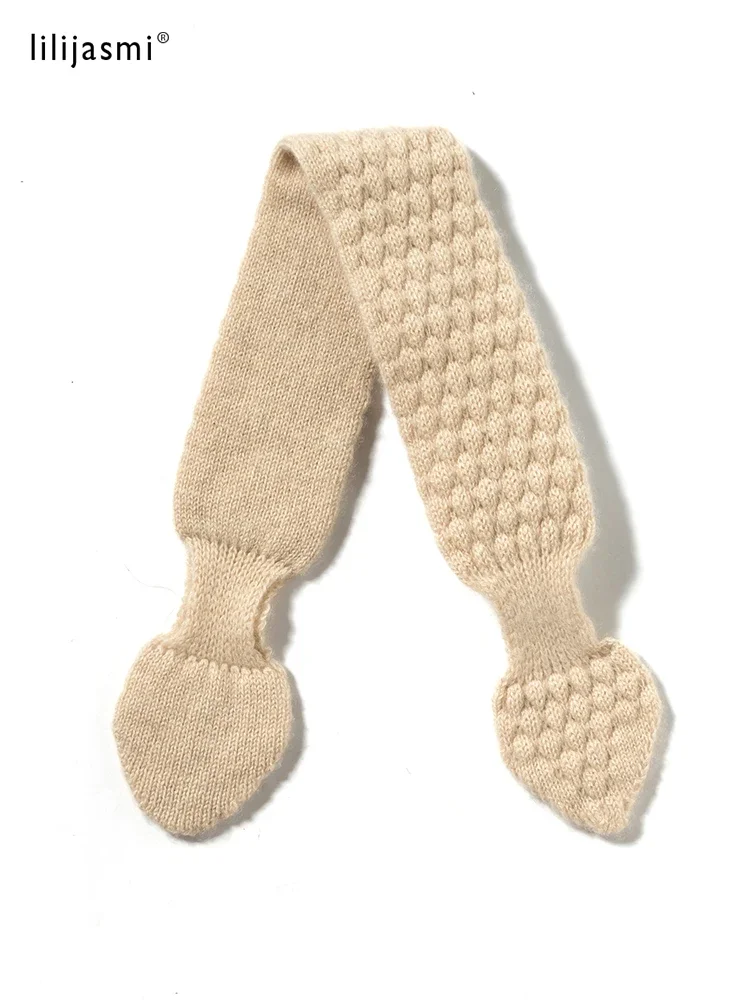 100% de cachemira pura tejida con lazo pequeño para mujer, pañuelo con lazo, punto de musgo, calentador de cuello suave, Collar de anillo, Boutique