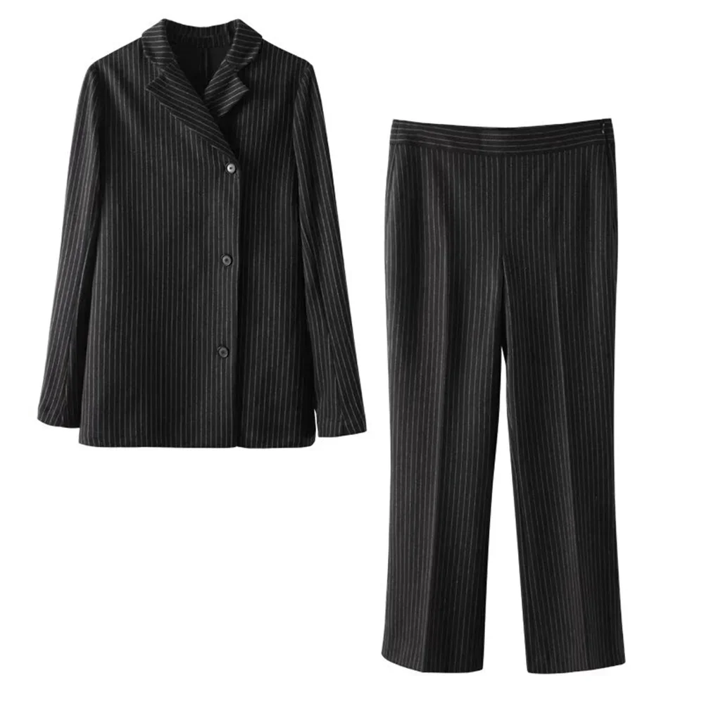 LIBIELIY 2025 Spring/Summer Hot Selling New Women's Double Breasted Fine Striped Suit Coat Fine Striped Pants