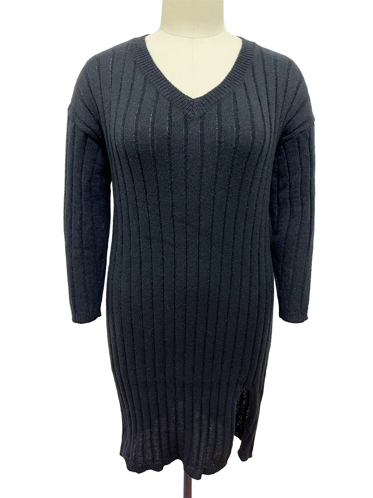 

Women Tight Black Long Sleeved Knitted Dress Side Slits Autumn Winter Plus Size Fashion Sexy V Neck Party Dresses