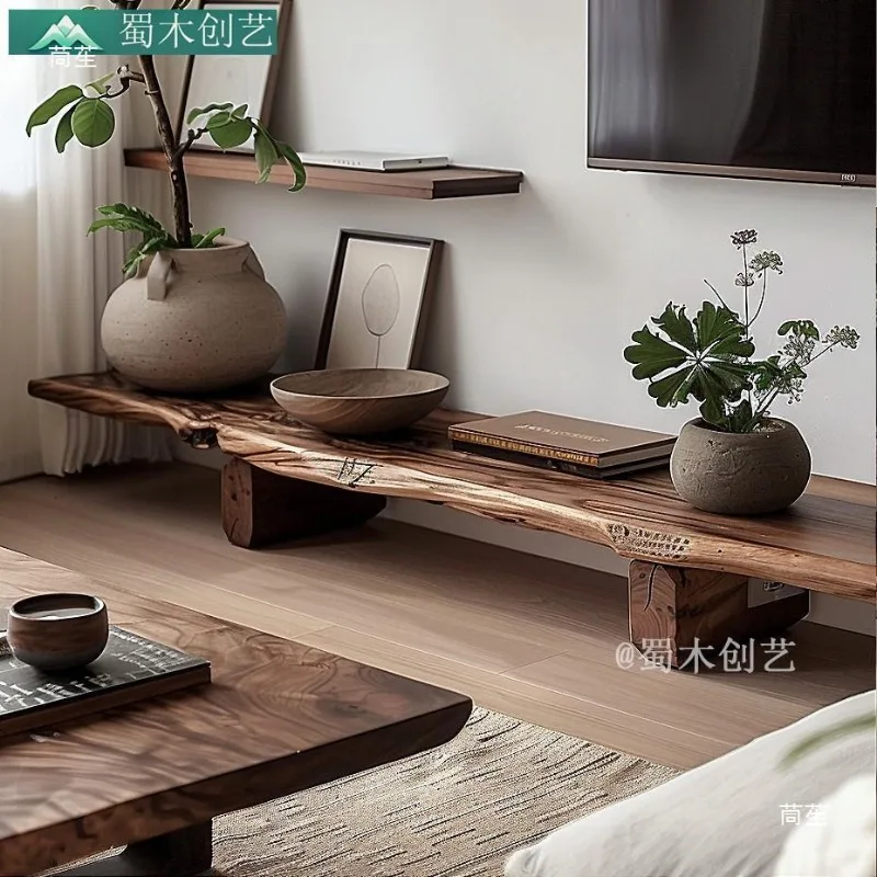 Solid Wood Original TV Cabinet, Simple Cabinet, Floor , Log One-word Long Bench, Irregular Retro Wabi-sabi Wind