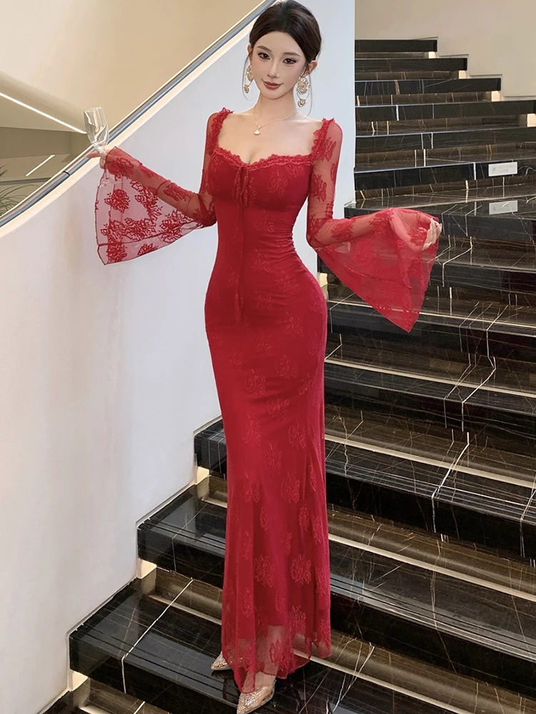 المرأة الأحمر الدانتيل الجاكار ساحة طوق مضيئة كم فستان طويل 2025 فستان فاخر أنيق ثوب الخريف الشتاء الكورية Bodycon فستان