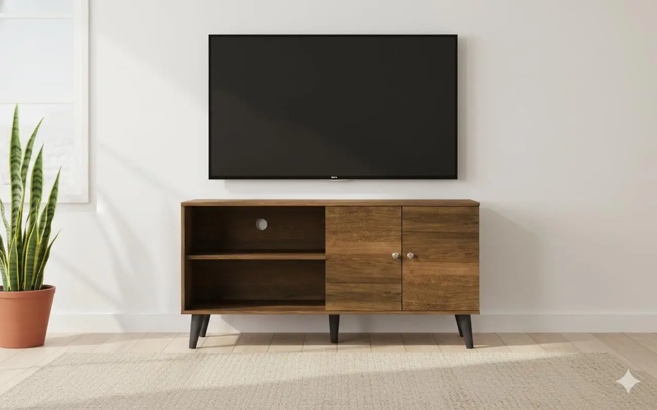 

63 Inch Mid Century Modern TV Stand With Storage Cabinet And Shelves For Living Room