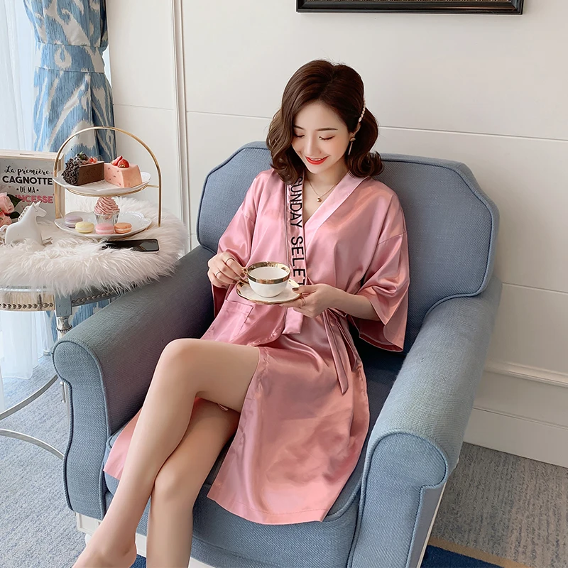 

Summer Ice Silk Kimono Robe Women's Simulated Silk Pink High-End Feeling Seven-Sve Batobe Simple Belted Morning Robe
