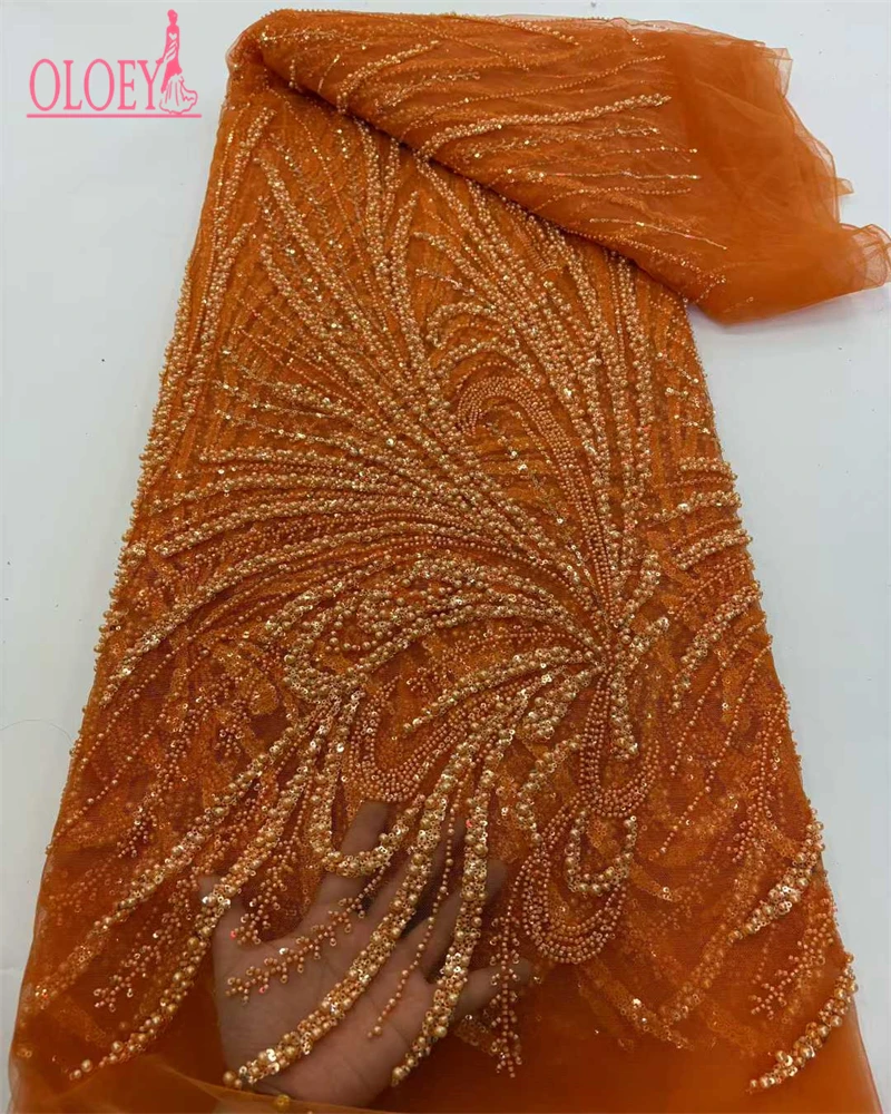 Kain Brokat Afrika OLOEY, Kain Brokat Berhias Manik-Manik Buatan Tangan, Payet Prancis, Bordir Nigeria, Kain Brokat Jala untuk Menjahit