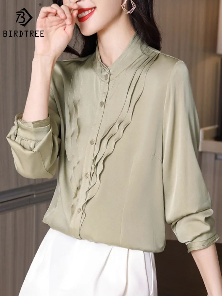 

Birdtree 91.8%Mulberry Silk Simple Shirts Woman Long Sleeve Stand Collar Elegant Chic Breathable OL Blouses Autumn New T30474QM