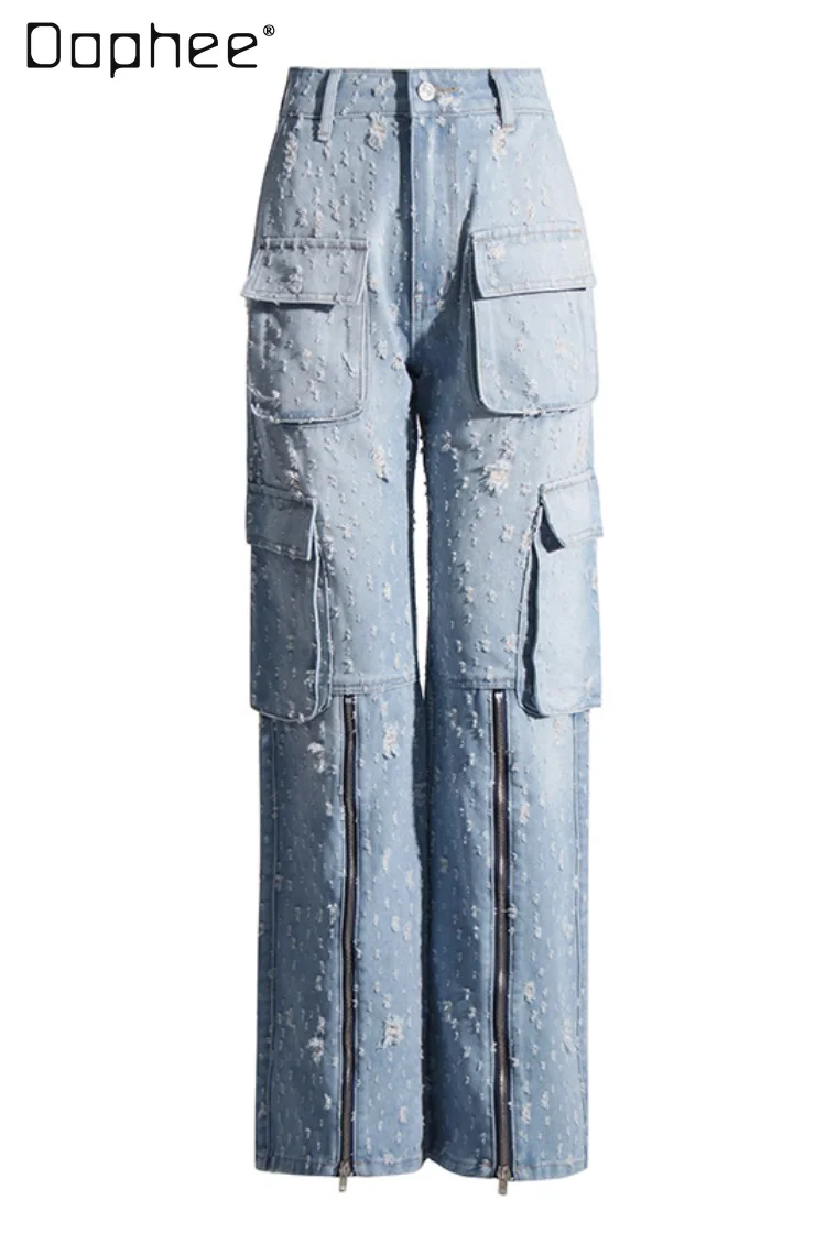 

Брюки-карго женские рваные джинсовые, уличные прямые джинсы с множеством карманов, на молнии, с завышенной талией, повседневные брюки с эффектом потертости, голубые