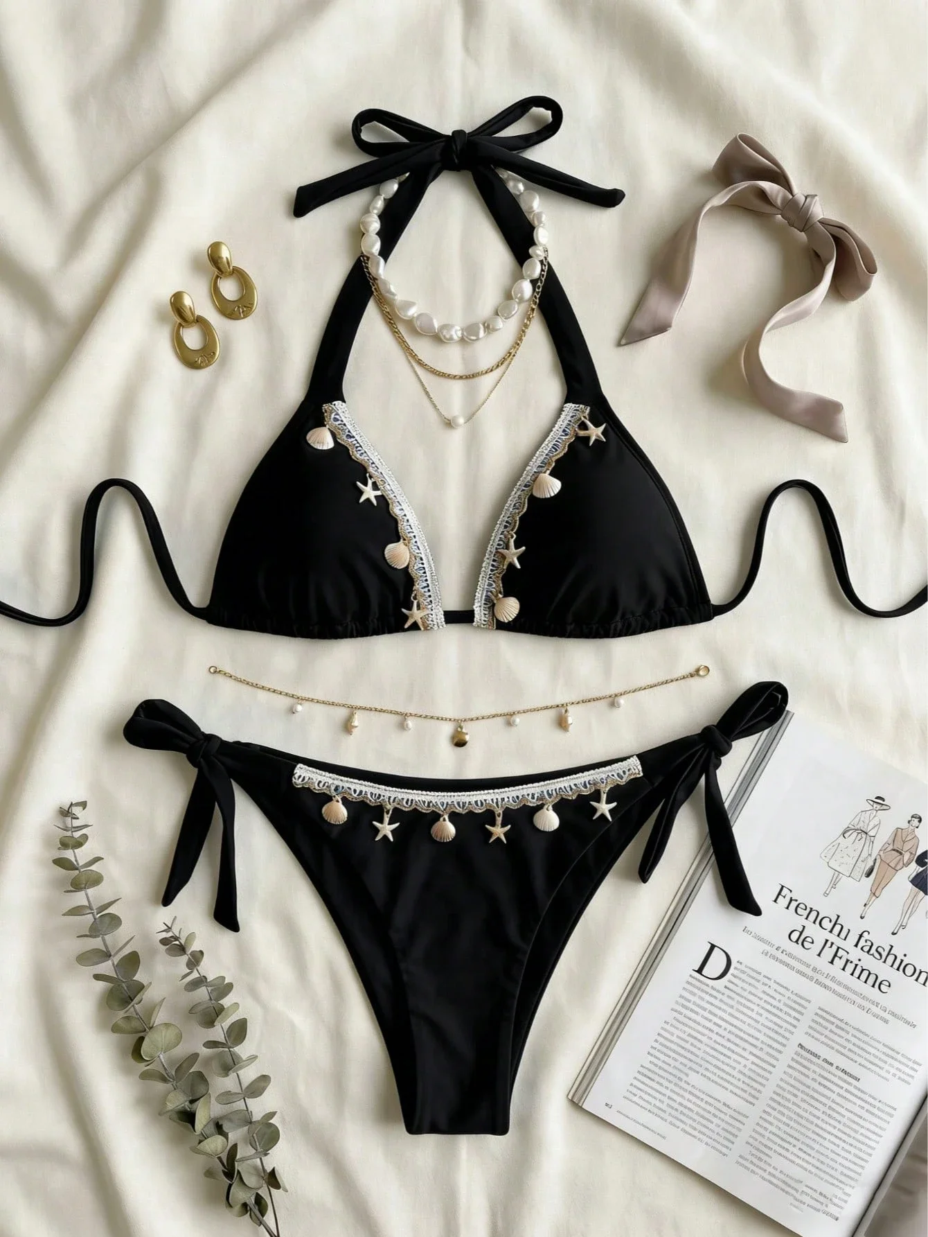 

Black Ocean Theme Decorative Sexy Bikini Set With Shell Star Charms For Beach Vacation