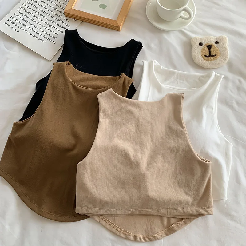 Summer Women Tank Tops Solid Color Camisole with padded Bra sexy Off Shoulder O Neck Elastic Tank Top Casual Sport Vest image 3