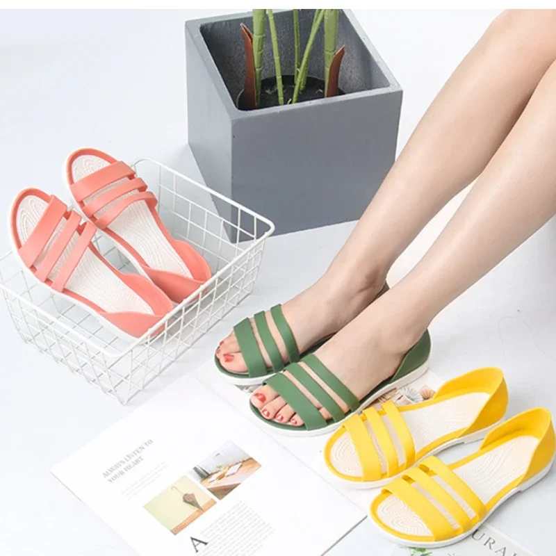 Fashion Open-Toed Slides Shoes For Women Summer Flat Sandals Candy Color Casual Beach Outdoot Female Ladies Jelly Slippers