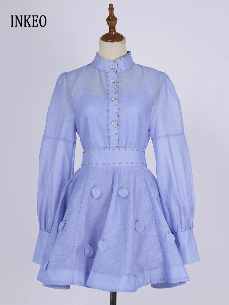 

Luxury women's beading 2 piece set Stylish Floral tassel blouse tops and mini skirt Ladies set shirt club elegant INKEO 5T081