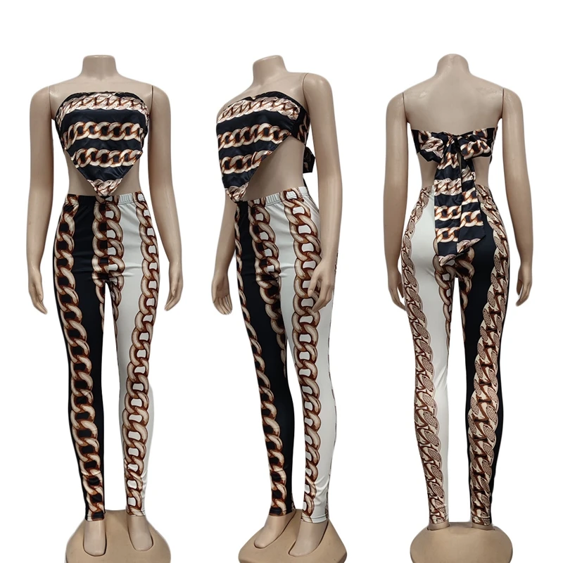 Elegante senhora impresso 2 peça outfits sem alças colheita superior e calças magras ternos 2025 verão sexy clube rua esportes agasalhos