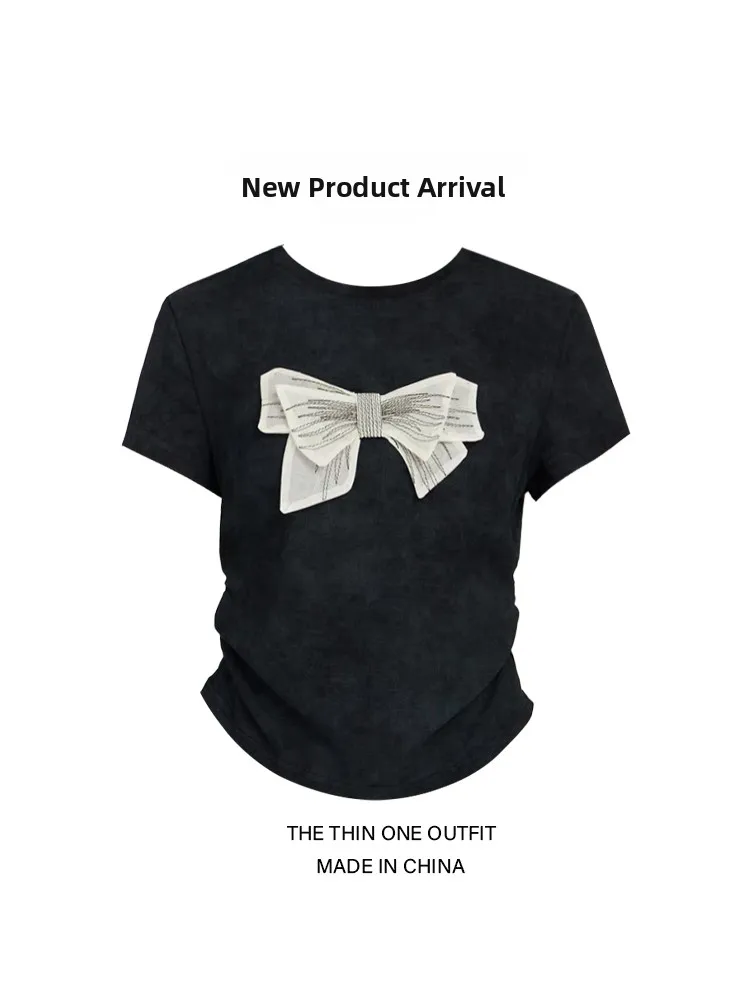 

Black Knot Short Sleeve Slim Fit T-Shirt Women's Summer Waist Cinched Irregular Short Length Sexy Top