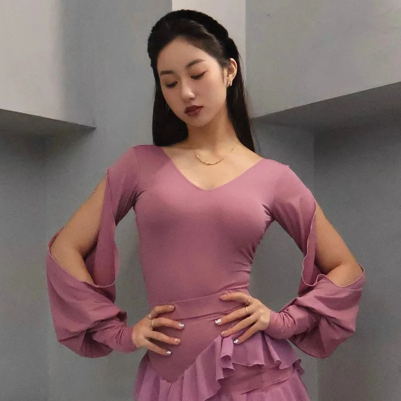 새로운 볼룸 댄스 의상 핑크 슬릿 긴 소매 레오타드 연습 탑 왈츠 댄스 연습복 룸바 라틴 살사 탑 BL18291