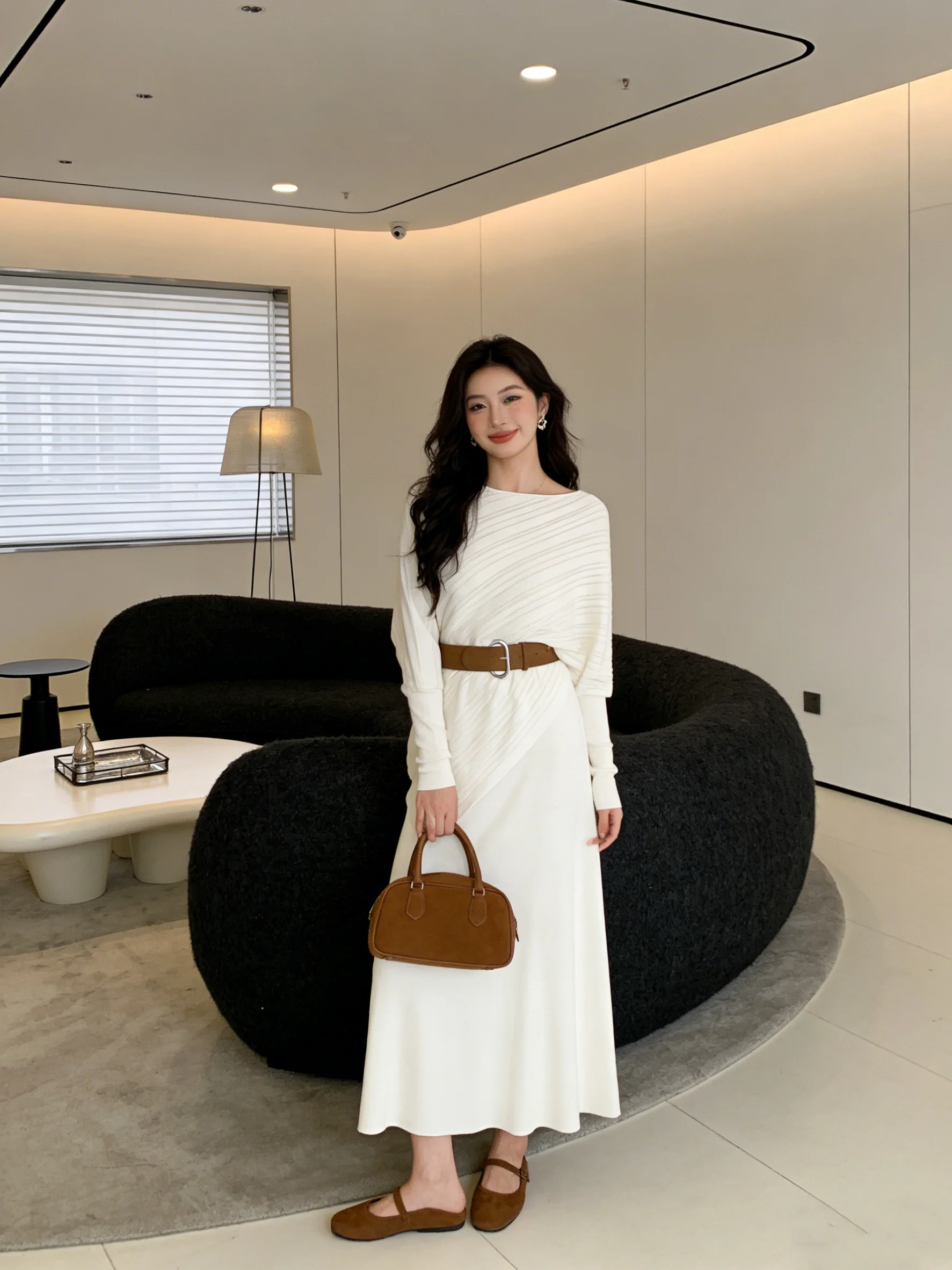 

Soft Skin-Friendly Early Spring New Sle Slimming Belt Two-Piece Set Knitted Batwing Sve Dra Sensation Casual Wear