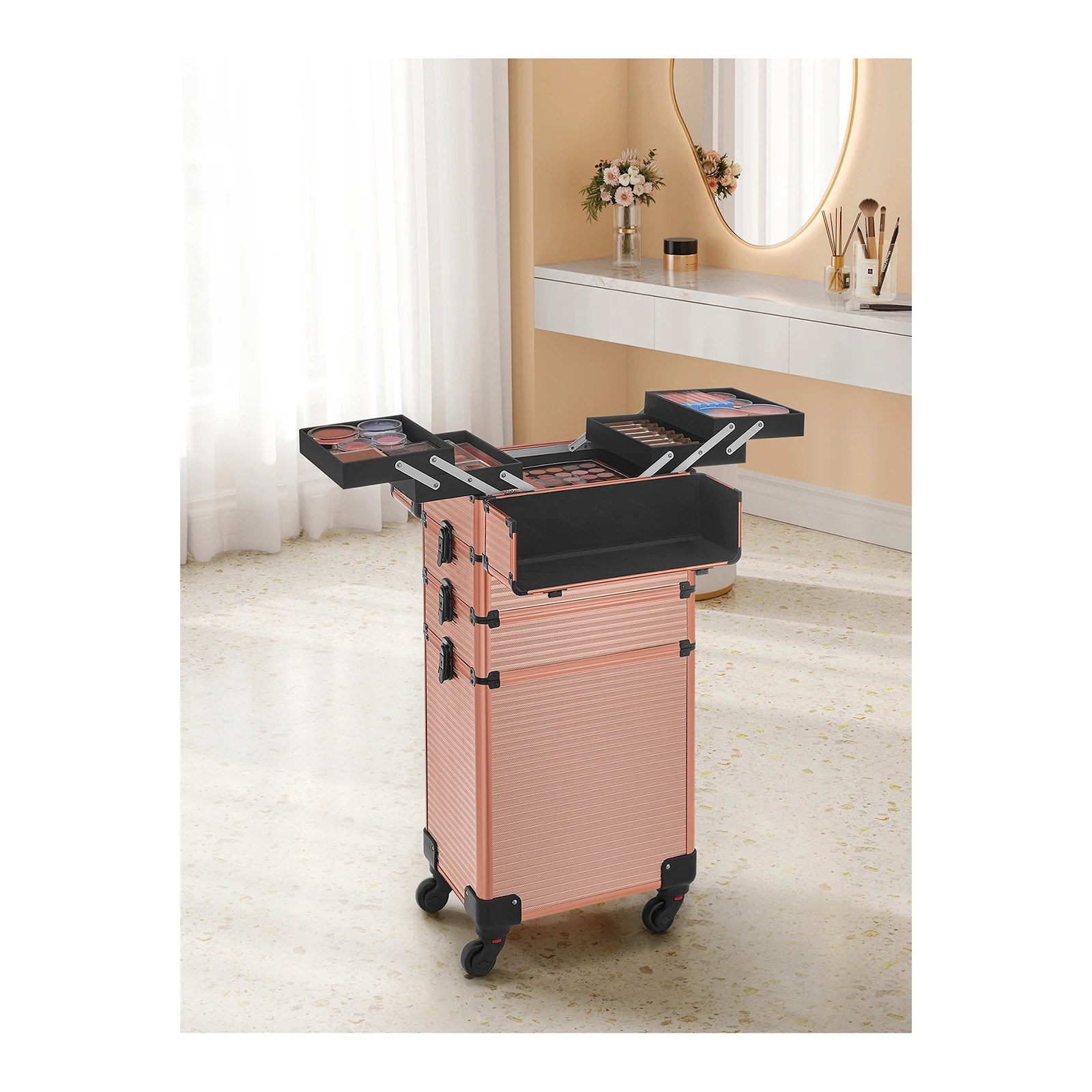 SONGMICS 4-in-1 Cosmetic Case, Large Capacity,Hairdressing Case, 34 x 24 x 79.3 cm, with Lock, 360° Wheels, for Travel, Manicure