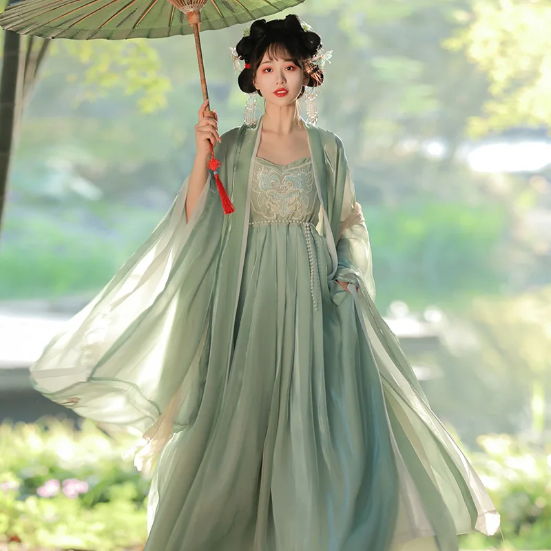 Hanfu ชุดเดรสแบบดั้งเดิมของผู้หญิงกระโปรงนางฟ้าแขนกว้างสีเขียวโบราณแบบราชวงศ์ถัง JC28