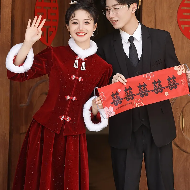 

Chinese Sle Wedding Dr Thiened Floed Sle Red Marriage Engagement Ceremony Dr Long Sve Women's Skirt