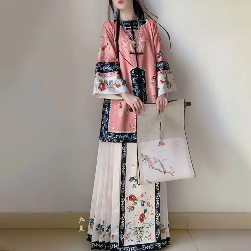 Costume da spettacolo teatrale della dinastia Qing retrò per le donne Vinatge gonna tradizionale cinese con faccia di cavallo Hanfu Dress Set Cosplay