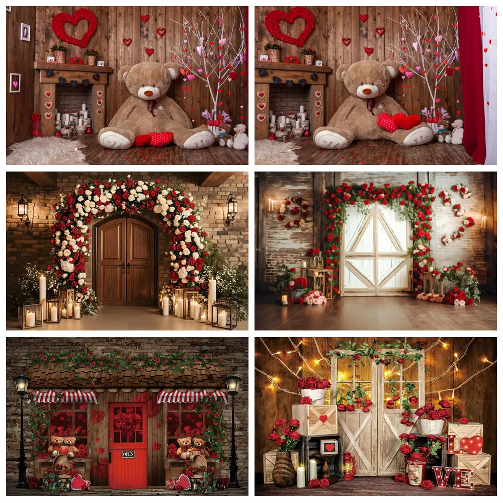 

Valentine's Day Photography Backdrops Red Rose Flower Shop Love Heart Brick Wall Wedding Portrait Background Photo Studio Props