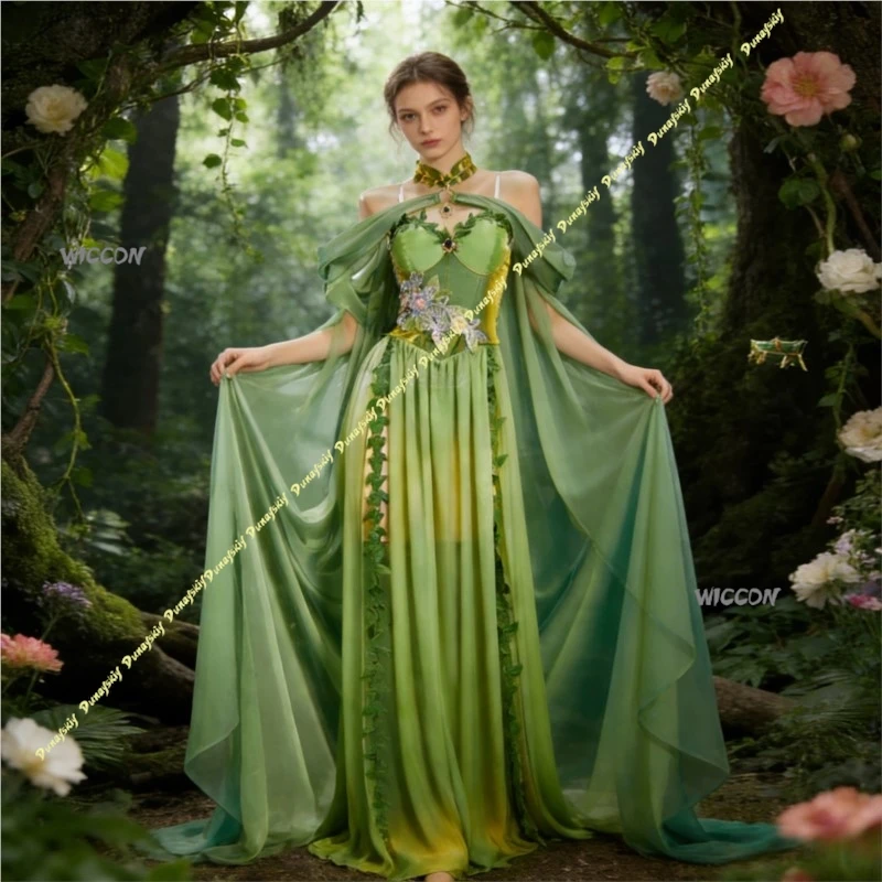 

Весеннее платье феи волшебника Оз на тему леса, карнавальный костюм, средневековая накидка, сказочная юбка, зеленая тканевая вечеринка, Рождество, Хэллоуин