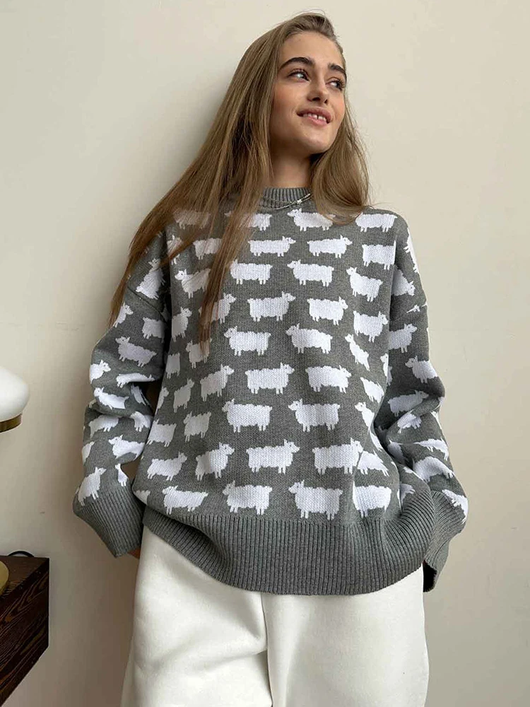 TARUXY-suéter con estampado de Alpaca para mujer, Jersey informal holgado de manga larga con cuello redondo, Top de punto Retro Para otoño e invierno