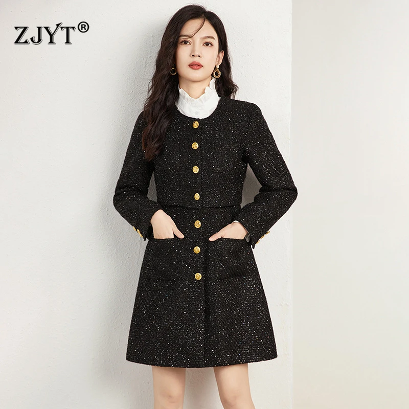 

ZJYT Autumn Winter Women Black Tweed Woolen Dress Long Sleeve O Neck Single Breasted Casual Short Dress with Pockets Vestidos