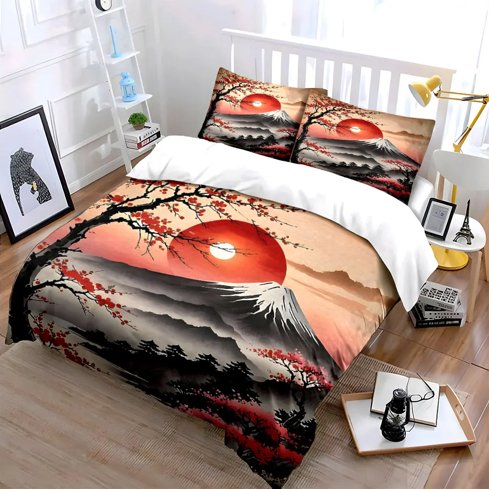 Cherry Blossom Mountain Decor Set Soft Skin-Friendly Bedding Set Includes 1 Duvet Cover And 2 Pillowcase, Gift