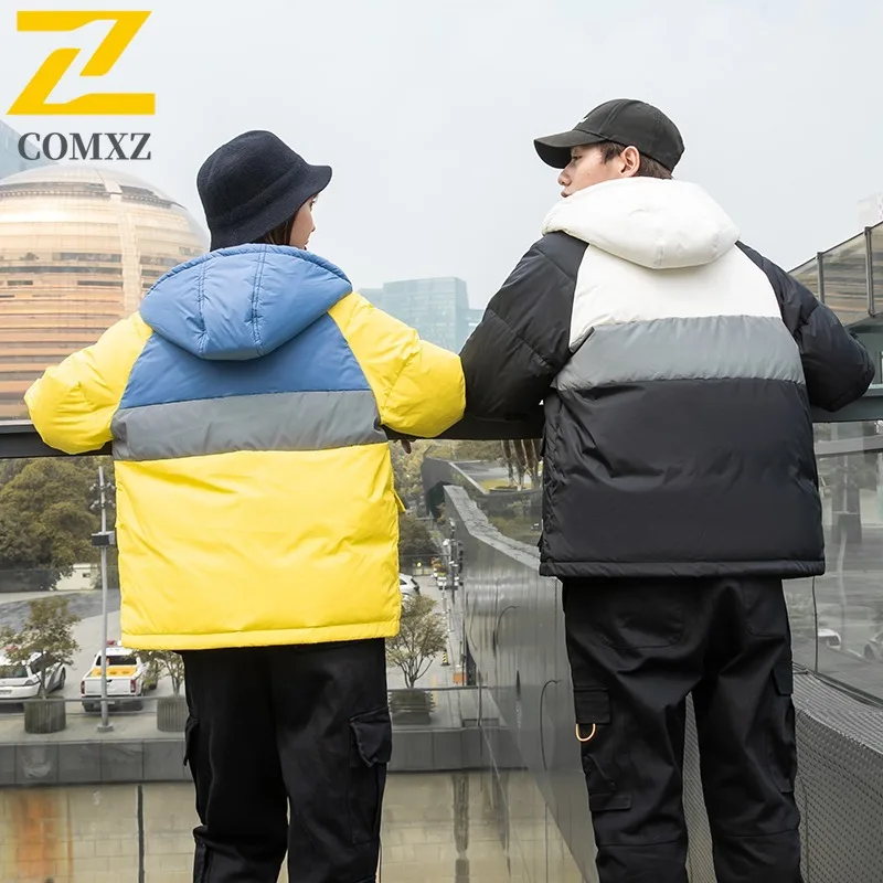 COMXZ Mens Bread Jacket Color Blocking Hooded Trendy Versatile Fit Camping Trip Puffer Jacket Travel High Quality Winter Jacket