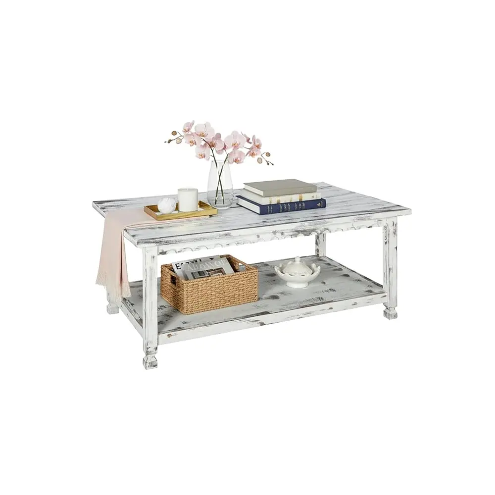 

Country Cottage 42-Inch Farmhouse Coffee Table with Storage Shelf and White Antique Finish for Living Room or Family Room by