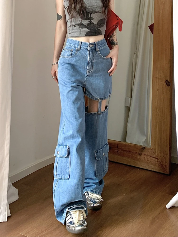 

Women's Fashion Sexy Wide Leg Jeans High Waist Baggy Mopping Pants High Street Straight Denim Trouser Ladies Summer