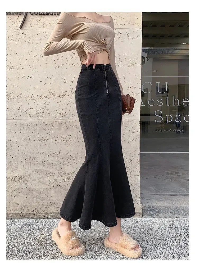 2026 Solid Slimming High Waist Midi A- Line Skirt Woman Trumpet Sides for Women Denim Half-length Skirt with Flounce