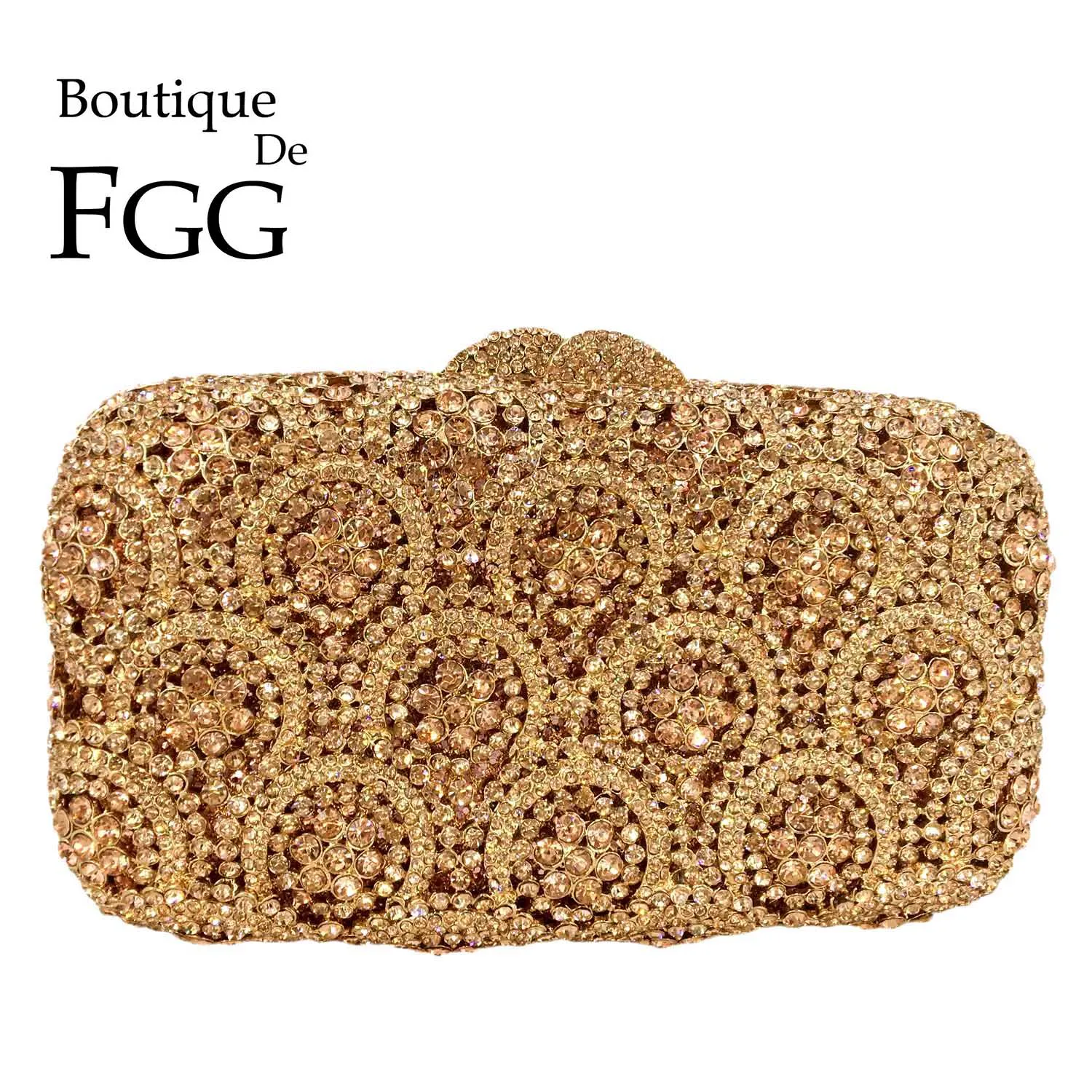 

Boutique De FGG Rosegold Women Flower Evening Bags Wedding Handbags Party Bridal Champagne Crystal Clutch Purses