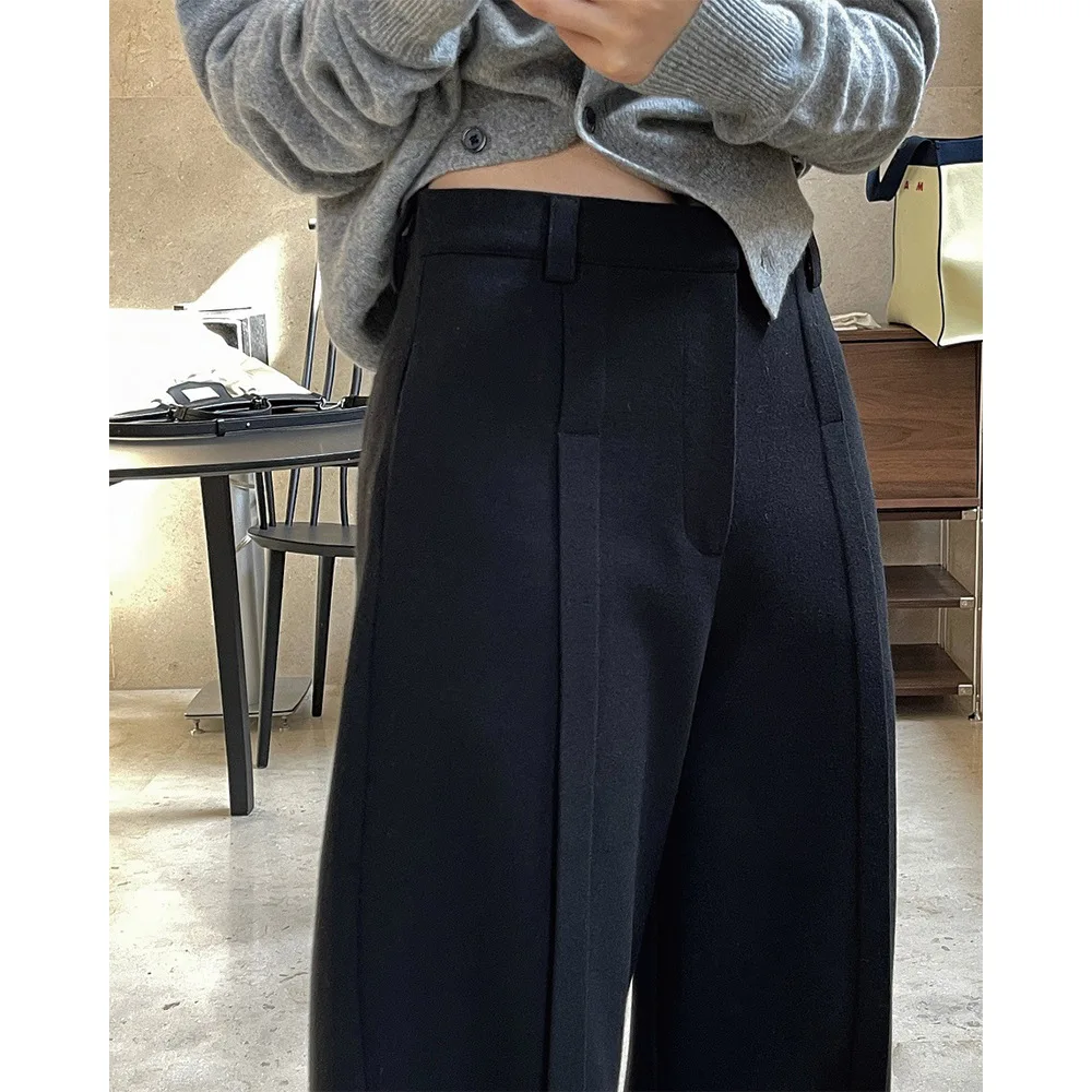 Winter New Simple Polished High Waist Pleated Wide Leg Trousers Loose and Thin Straight Trousers Women Thick 2025