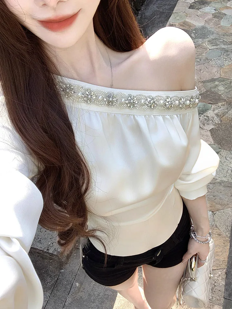 

Elegant Heavy Embellished Shoulder Satin Shirt Women's Style Slimming Pure Desire Spring New Collection Commute Fashion