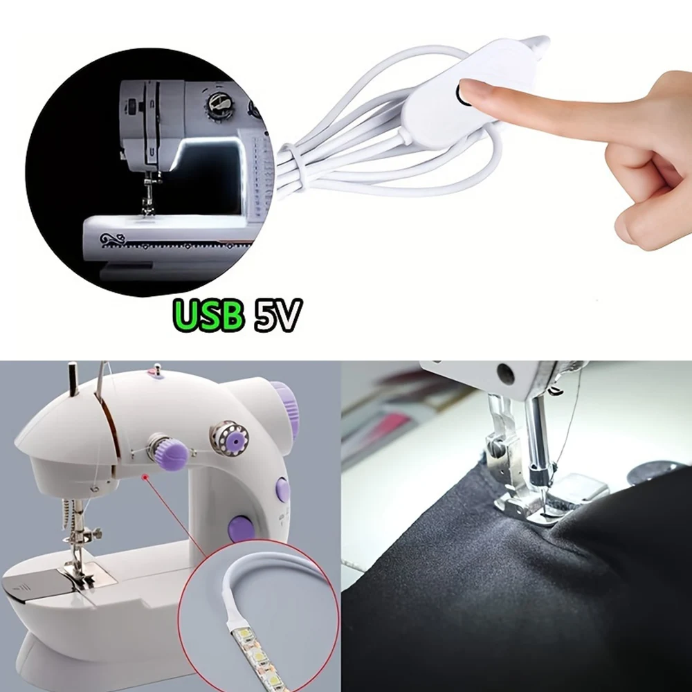 Touch LED light strip with adjustable brightness and five positioning snaps for sewing machines and cabinets.