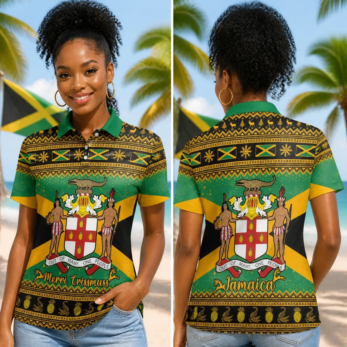 Women Jamaica Polo T Shirt Number Back Print Short Sleeve Lapel Collar Football Fan Casual Streetwear Top Modern Popular