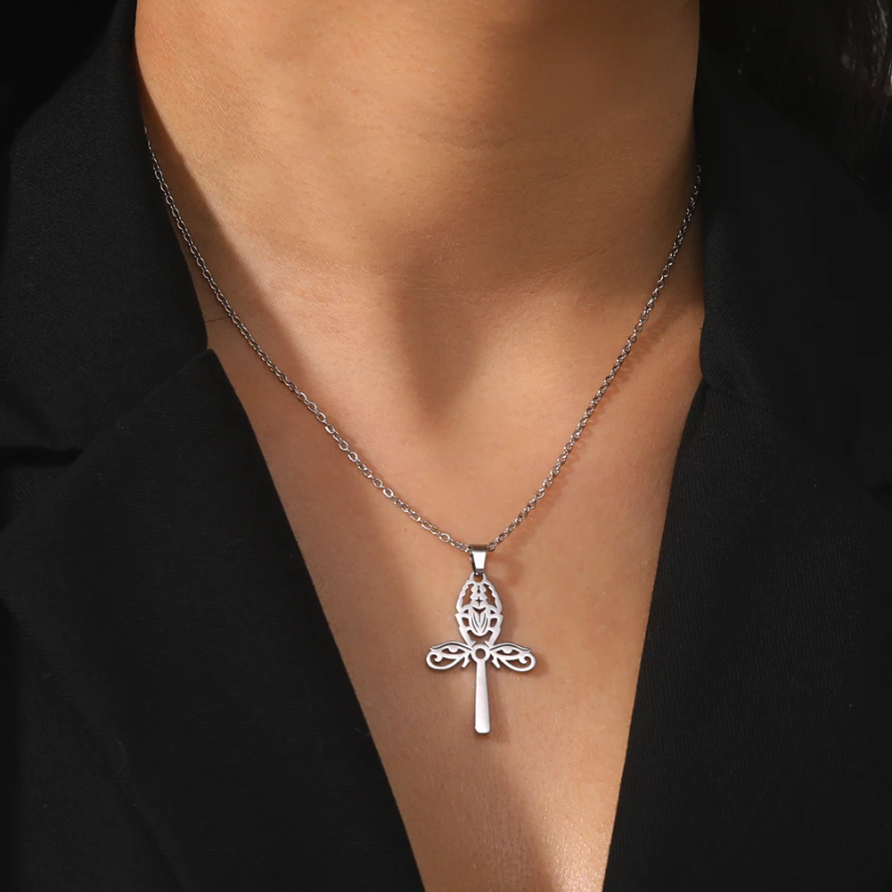 Lucktune Egyptian Ankh Cross Pendant Necklace Stainless Steel Horus Eye Scarab Amulet Necklace Women 2024 Vintage Jewelry Gift