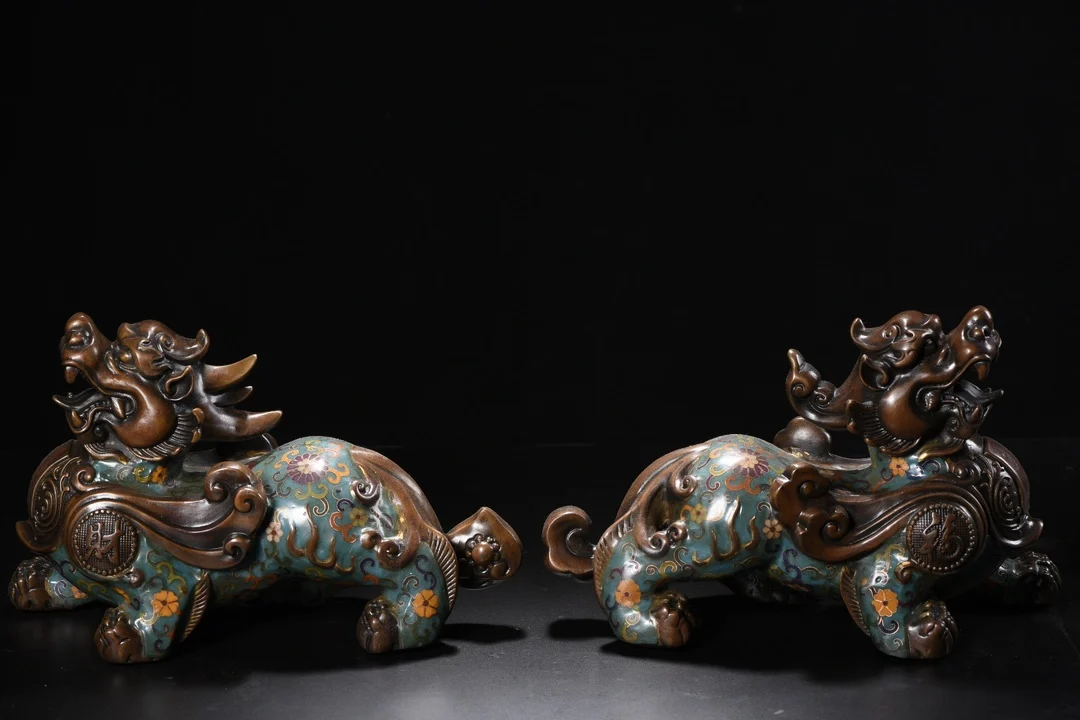 

13"Tibetan Temple Collection Old Bronze Cloisonne Enamel Flower Pixiu Statue Brave Troops Unicorn A Pair Amass wealth Town house