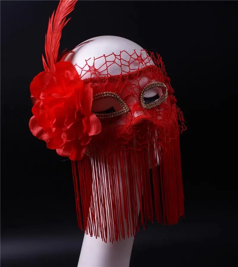 Red Lace Sexy Tassel Feather Beauty Costume Party Mask, Bridal Wedding Photography Mask