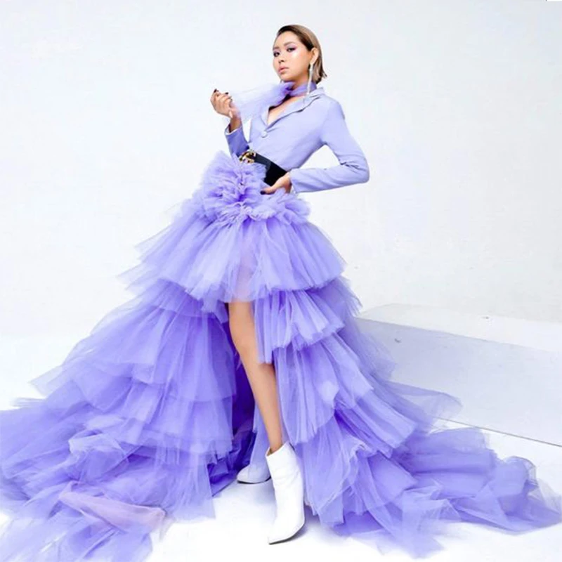 

Lavender Long Tiered Tulle Skirts Women High Low Elastic High Waist Long Party Skirts Custom Made Sweep Train Formal Wear