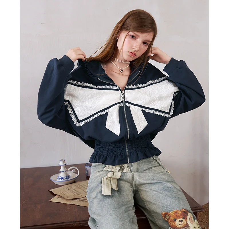 ELFSACK Women's Colorblock Zip Up Jacket with Lace Ruffle Trim, Casual Long Sleeve Outerwear with Bow Print for Everyday Wear