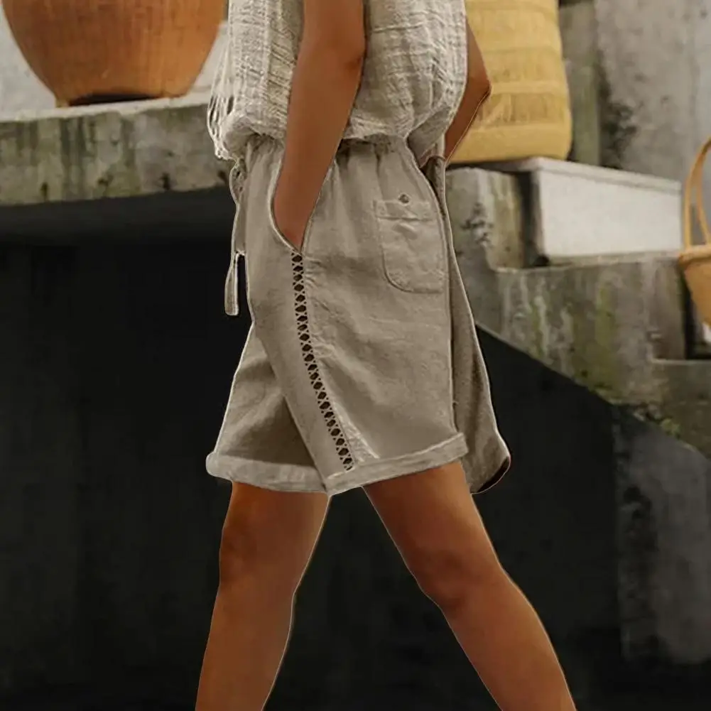 2025, damesshorts met zak, vetersluiting, taille, knielengte, zachte textuur, zweetabsorberend kant, gesplitst, losse pasvorm, zomerbroek, trainen
