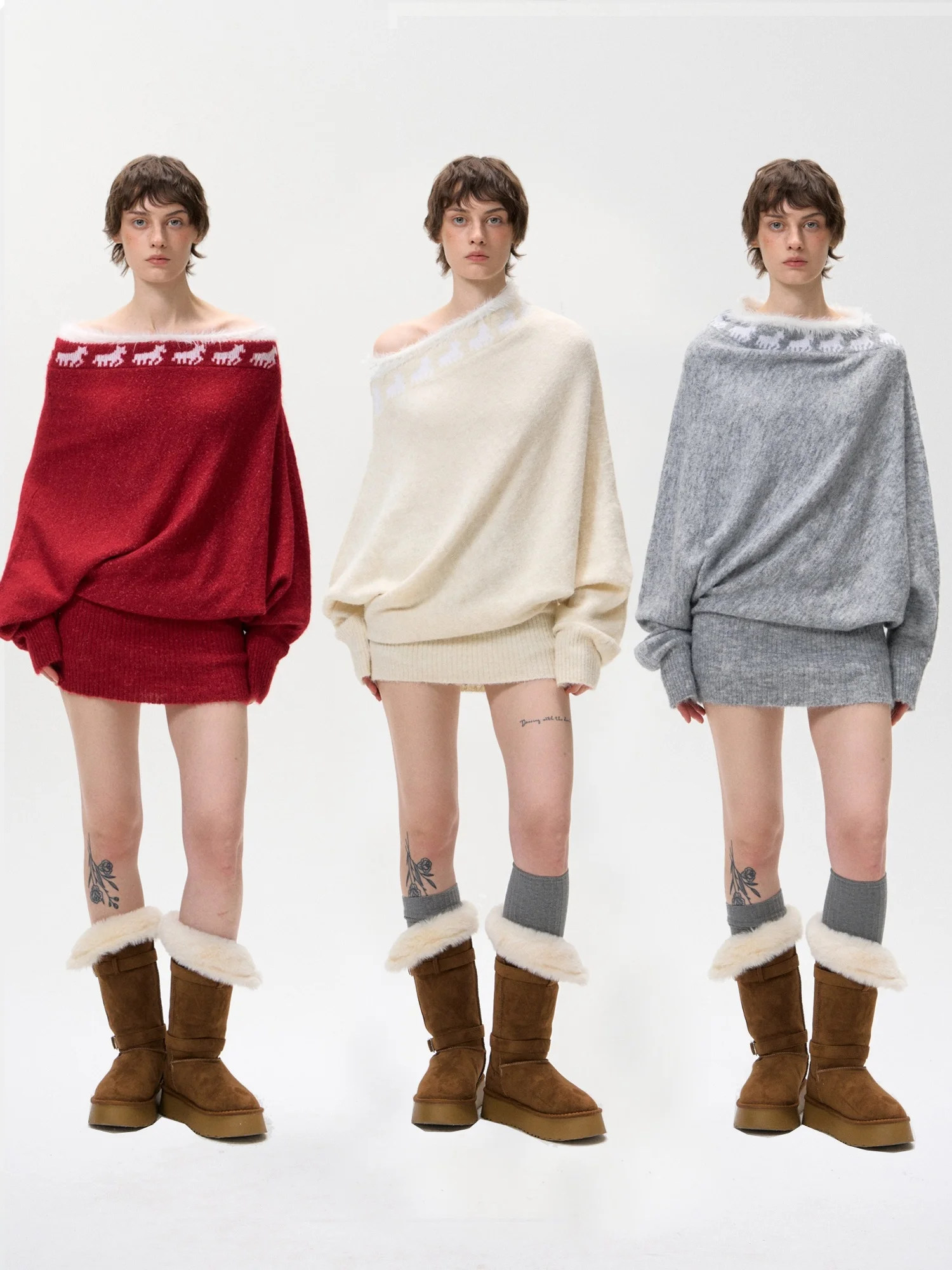 

Cisas New Year Fun Pattern One oulder Loose Woolen Knitted Sweater Red Top Casual Sle Long Sve Women's Sweater