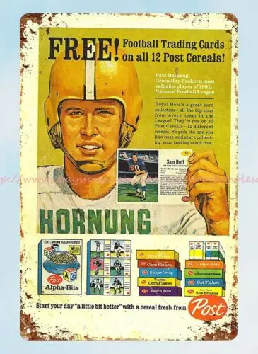 Paul Hornung football player cereal comic ad metal tin sign bed wall decor