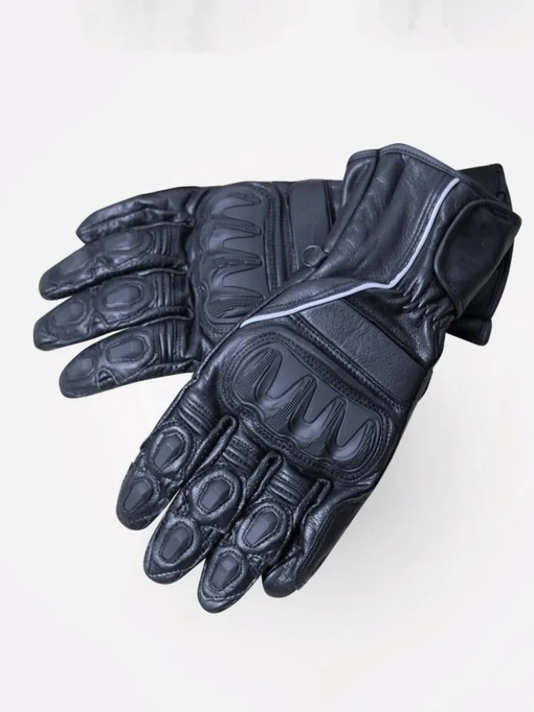 Autumn Winter Sheepskin Genuine Leahter Mens Glove Hook Loop Spliced Street Comfortable Windproof Motorcycle Biker Mittens Male