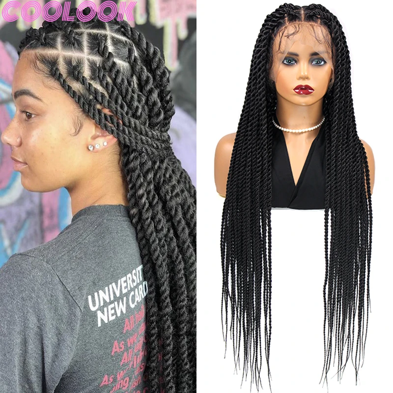 Synthetic Twist Full Lace Braided Wigs 36'' Larger Box Full Lace Frontal Braids Wig for Black Women Goddess Faux Locs Braid Wigs