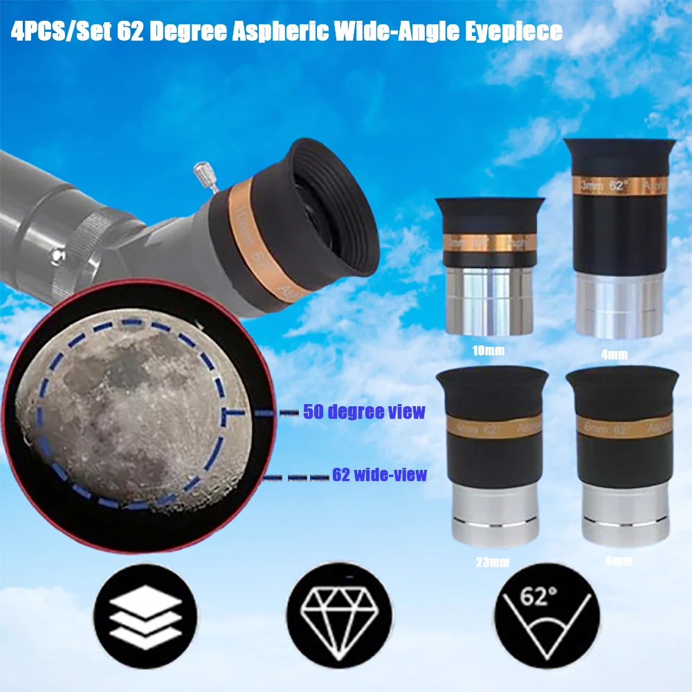 

4 шт. HD окуляр FMC покрытие 1,25 дюйма UW 62 градуса ультра широкий угол 4 мм 6 мм 10 мм 23 мм для астрономического телескопа монокулярный окуляр